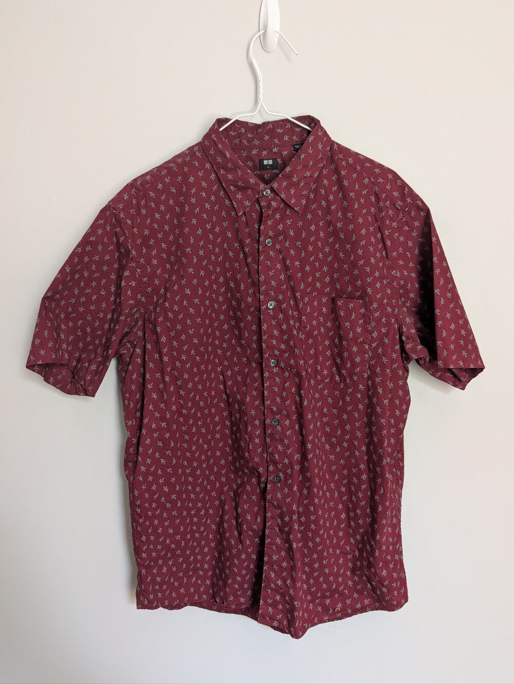 Uniqlo Burgundy Short-Sleeve Button-Down with Micro Print